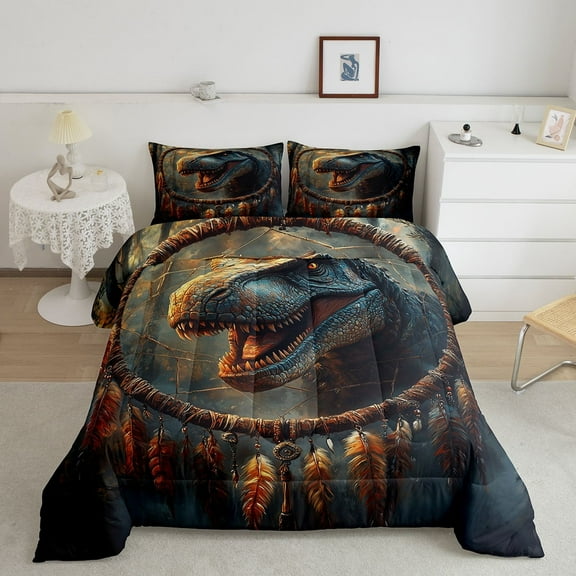 Dinosaur Comforter Set Dreamcatcher Quilt Bed Set,Boho Feather Dino Bedding Sets s,Woodland Animals Duvet Insert,Exotic Bohemian Decor