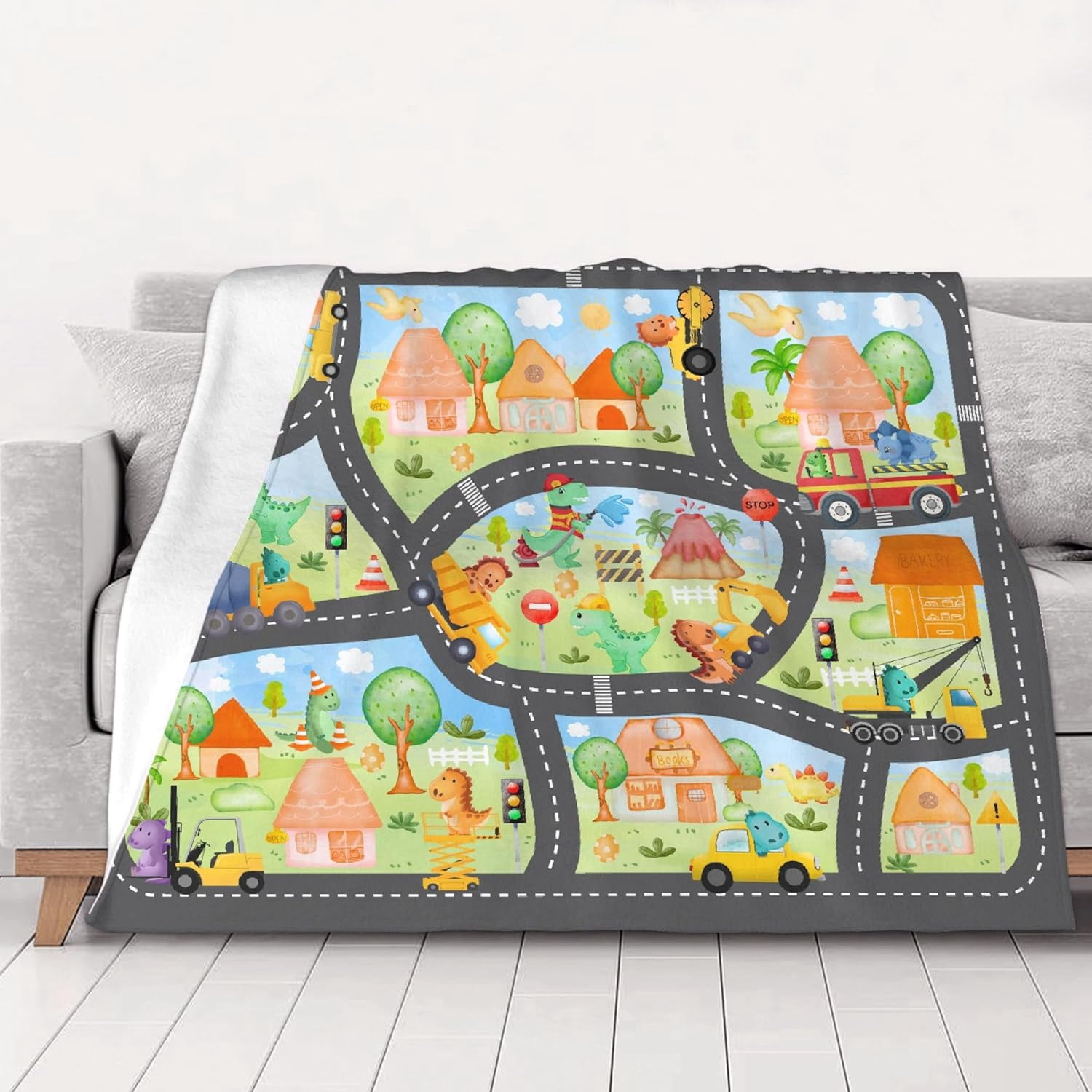 Dinosaur Construction Truck Flannel Gift Blanket Construction Truck Gift Blanket For Boy Girl Dinosaur Lovers Cozy Soft Dinosaur Road Map Throw Blanket for Bed Couch Outdoor50''''x 60'''' for Teens