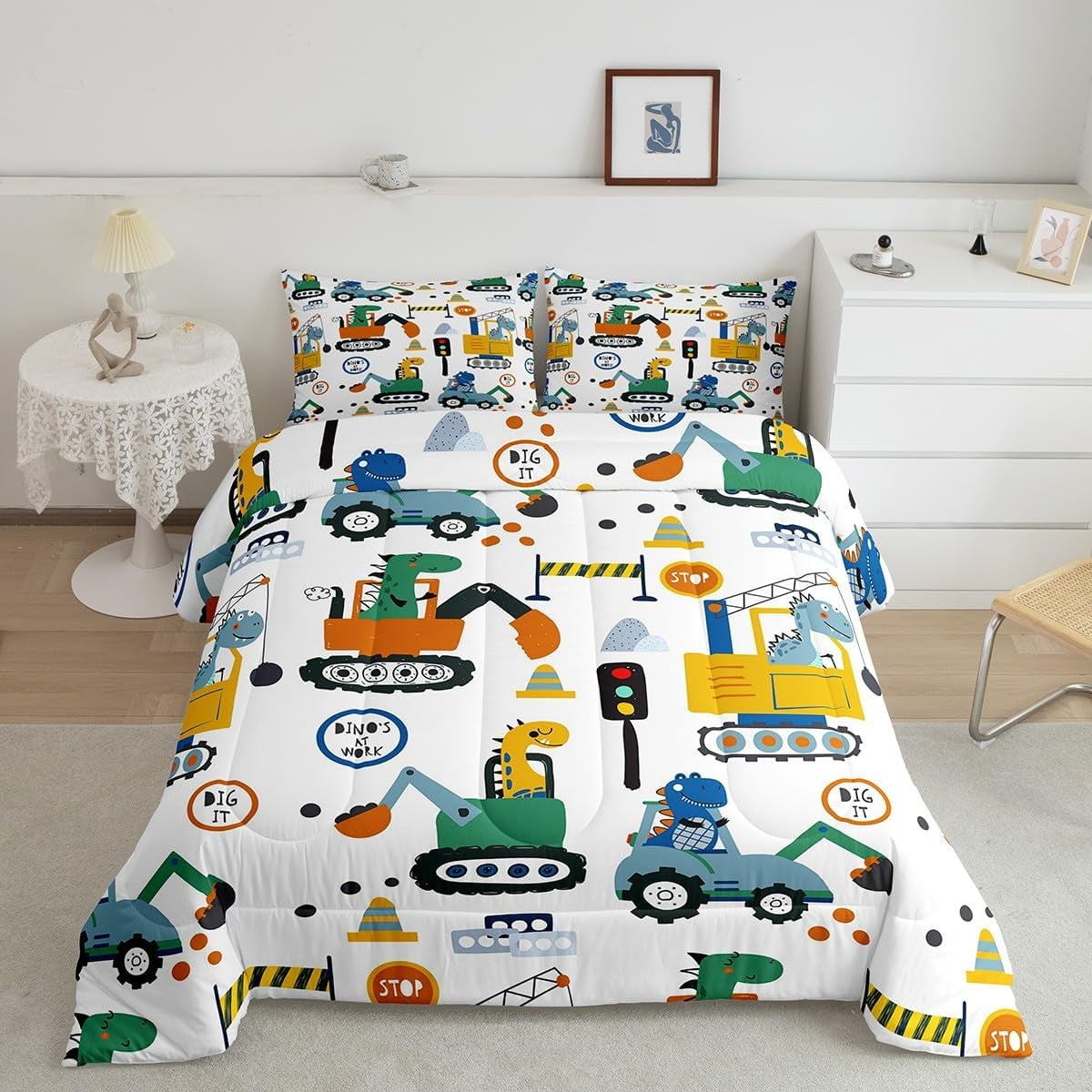 Dinosaur Construction Twin Comforter Set for Boys, Cute Dino Twin