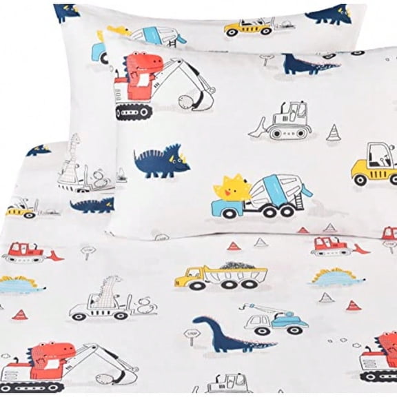 Dinosaur Construction Work Digger Cars Vehicle Cute Cozy Fun Full Sheet Set for Girls 100 Cotton Flat Sheet + Fitted Sheet + Pillowcase Bedding Set Dinosaur Full