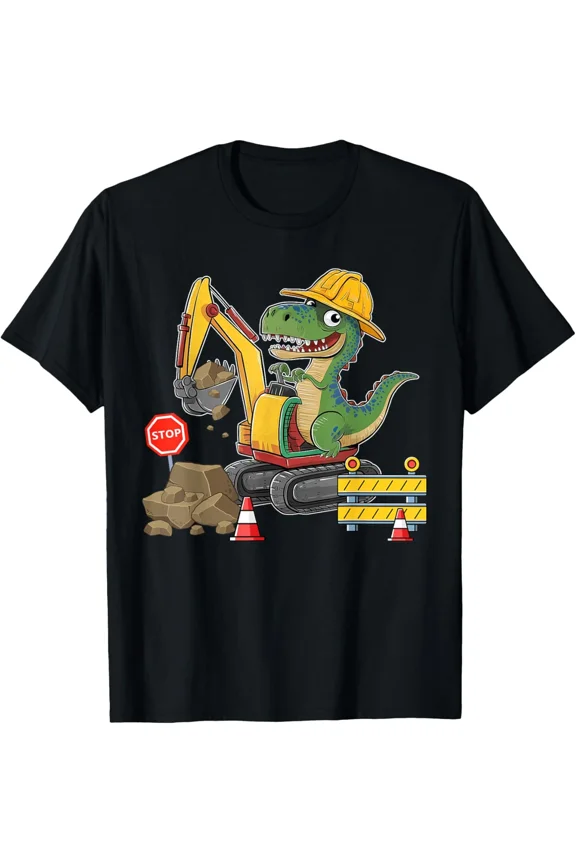 Dinosaur Construction Worker Excavator Truck Nice Graphic Gift Top Cool Retro Unisex T-Shirt