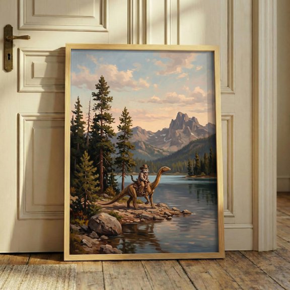 Dinosaur Cowboy Cat Vintage Western Surreal Animal Altered Lake Landscape Quirky Poster Unframed Paper Print