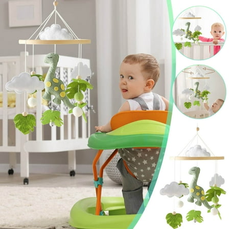 Dinosaur Crib Mobile with Wooden Beads & Felt Toys, 3D Clouds Green Leaves, Christmas Nursery Decor & Baby Shower Gift
