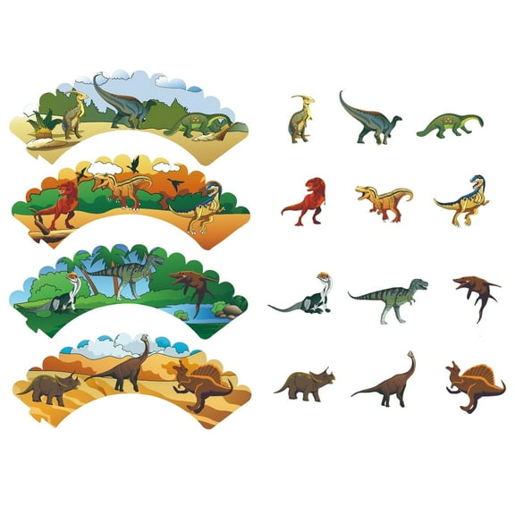 Dinosaur Cupcake Toppers And Rims, Non-Toxic 24 Pcs Cake Rims And 24 Pcs Insert Toppers, Dinosaur Theme Boys Birthday Party Decoration, Safe Paper Material Clear Realistic