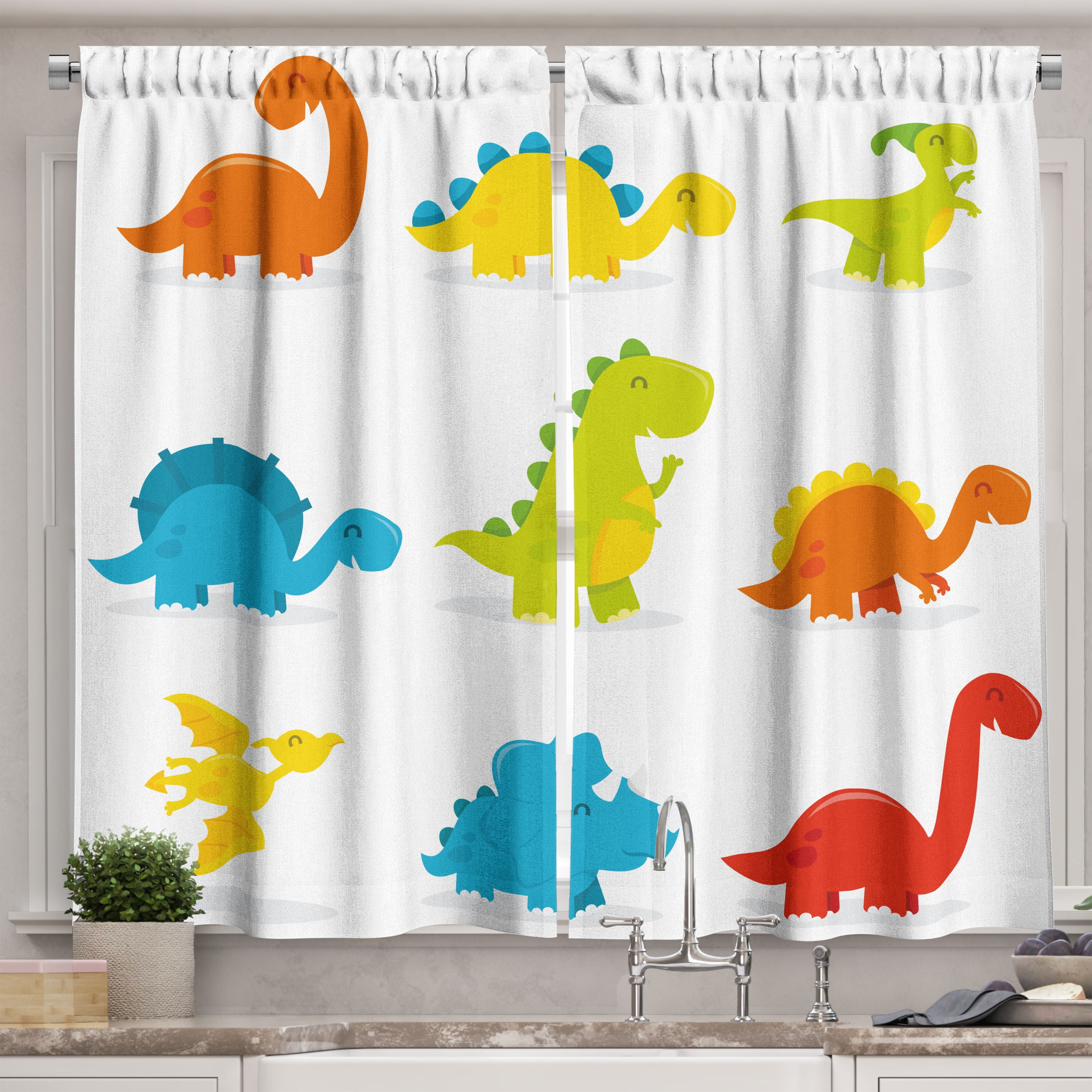 Dinosaur Curtains 2 Panels Set, Cute and Funny Dinosaurs Set Cartoon