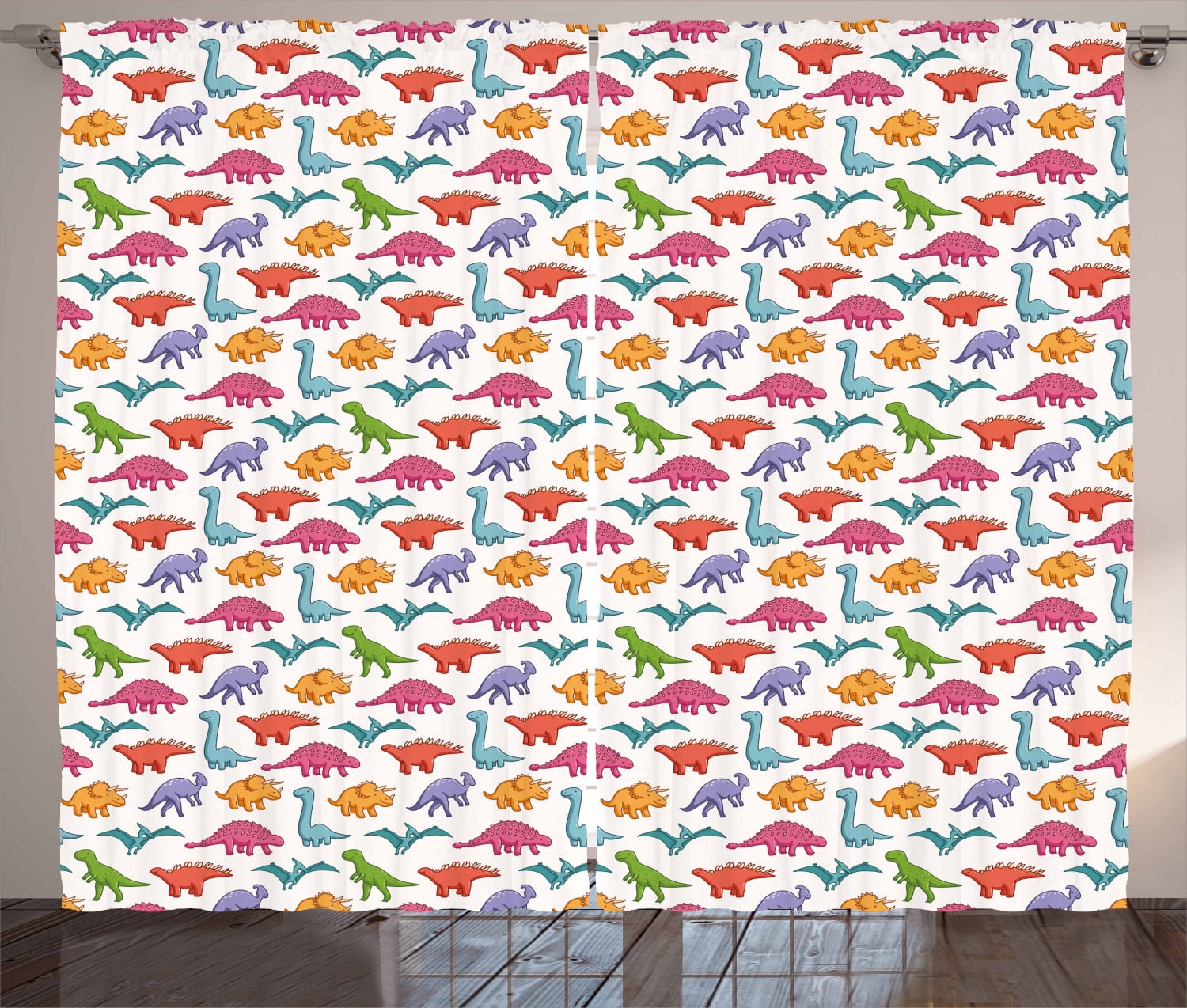 Colorful Cartoon Dinosaur Light-Filtering Polyester Curtain Panels, 63" x 108"