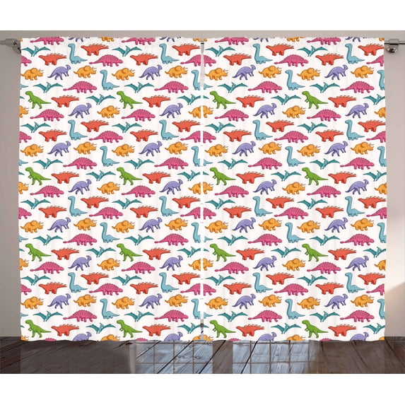 Ambesonne Dinosaur Curtains 2 Panel Set, Colorful Pattern, 108" x 84", Multicolor