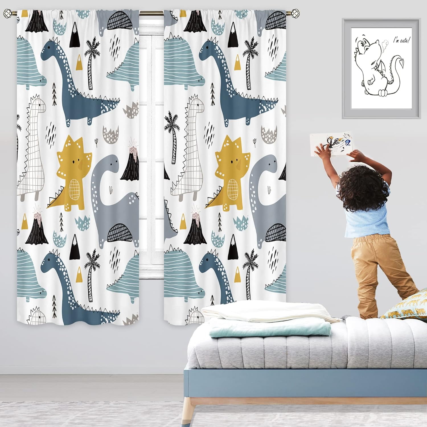 Dinosaur Curtains 42Wx63L Inch Rod Pocket Kids Cartoon Dino Baby Boys Bedroom Decor Nursery Children Cute Navy Blue Safari Animal Art Printed Living Room Playroom Window Drapes Fabric 2 Panel