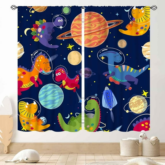 Dinosaur Curtains for Boys Room, Cartoon Dino Navy Blue Safari Animal Outer Space Planet Astronaut Theme Blackout Baby Kids Window Curtains for Bedroom Living Room Nursery, 84"x63" Inch