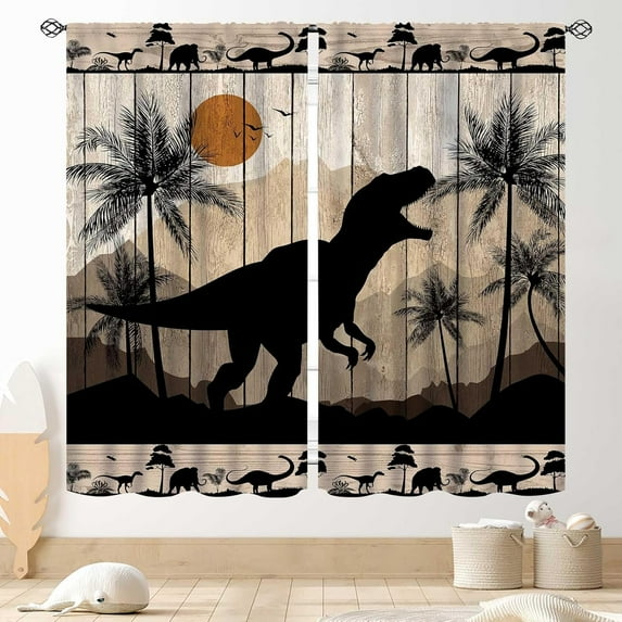 Dinosaur Curtains for Boys Room, Kids Boys Dino Wood Board Rustic Woodland Safari Animals Window Drapery Treatments for Baby Kids Room Bedroom Living Room Nursery Fabric 2 Panels, 84"x63" Inch