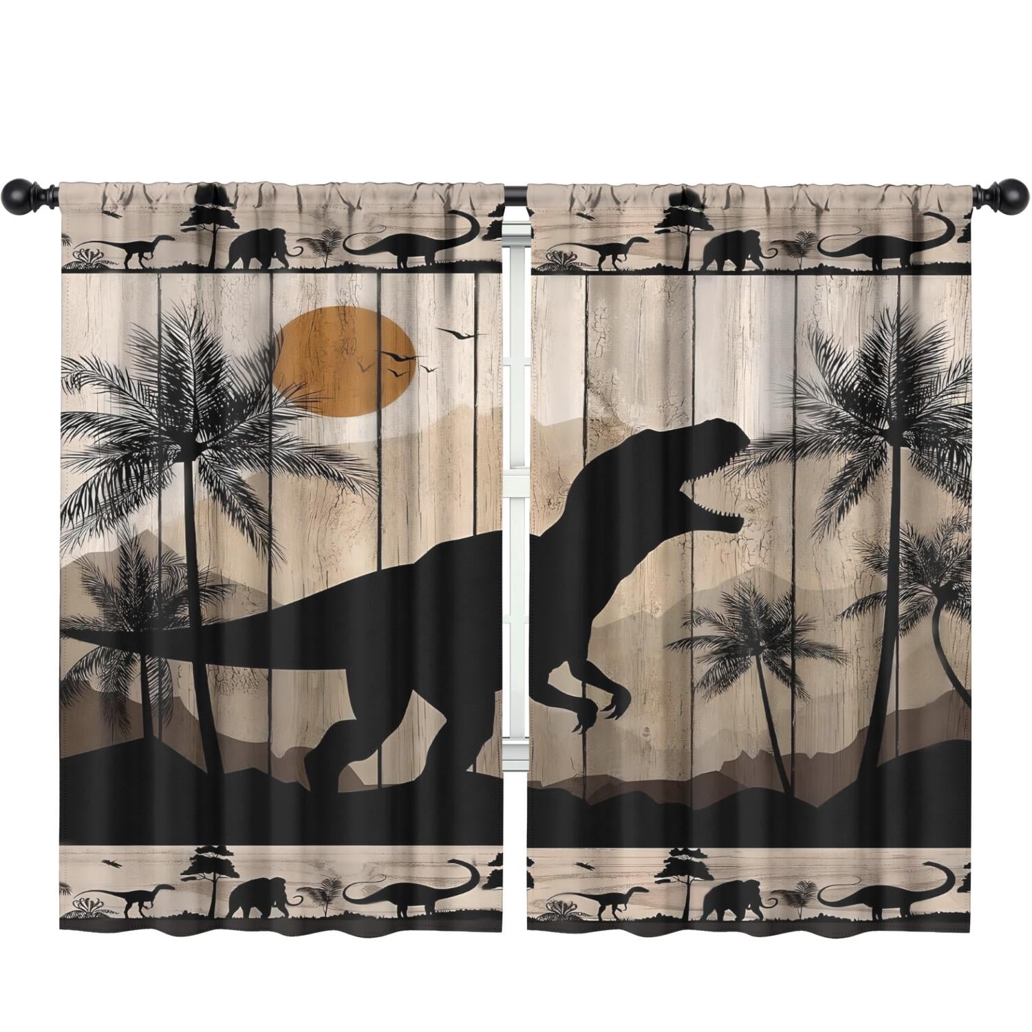 Dinosaur Curtains for Boys Room, Kids Boys Dino Wood Board Rustic Woodland Safari Animals Window Drapes for Baby Kids Room Bedroom Living Room Nursery, Fabric 2 Panels, 52 x 84 Inch