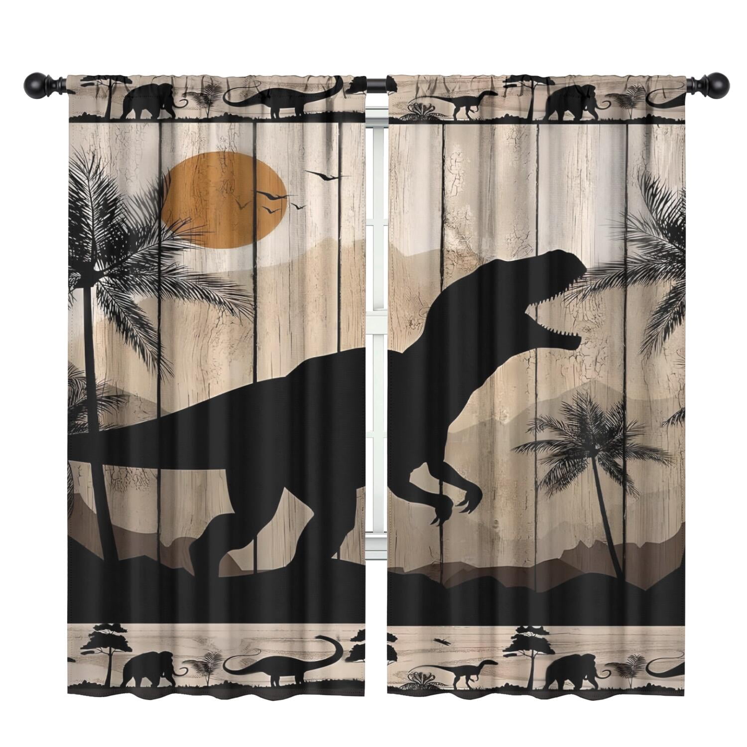 Dinosaur Curtains for Boys Room, Kids Boys Dino Wood Board Rustic Woodland Safari Animals Window Drapes for Baby Kids Room Bedroom Living Room Nursery, Fabric 2 Panels, 42 x 84 Inch