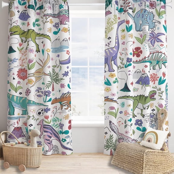 Dinosaur Curtains Cartoon Cool Funny Dino Tropical Plant Leaves Flowers Aesthetics Art Print for Kids Boys Bedroom Living Room Rod Pocket Decoration Window Drapes 2 Panels W42xL54in