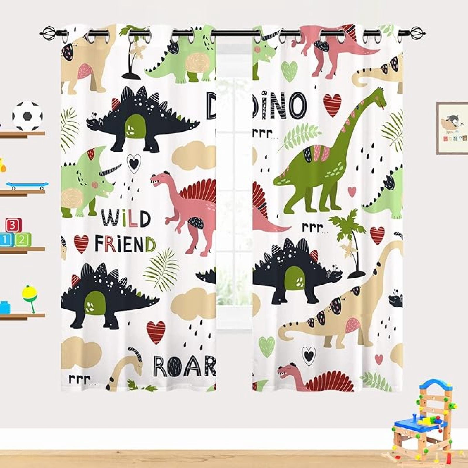 Dinosaur Curtains - Kids Boys Wild Friend Cute Dino Jungle Animals Wildlife Print Pattern Waterproof Fabric Grommet Window Drapes For Youth Teen Nursery Bedroom Playroom 42"W x 84"L (Pack of 2)