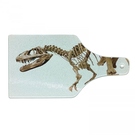 Dinosaur Cutting Board, Archeology Museum Theme Wild Tyrannosaurus Rex Skeleton Jurassic Period, Tempered Glass Cutting and Serving Board, Wine Bottle Shape, Pale Caramel White, by Ambesonne