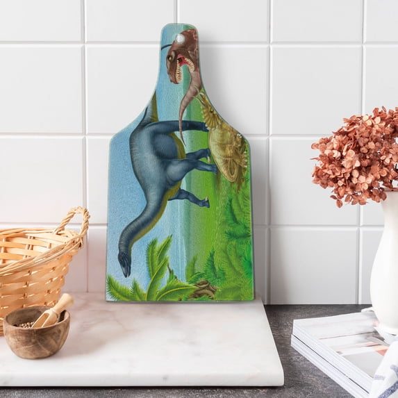 Dinosaur Cutting Board, Different Types of Dinosaurs Natural Jungle Environment T-Rex Triceratops Cartoon, Tempered Glass Cutting and Serving Board, Wine Bottle Shape, Multicolor, by Ambesonne