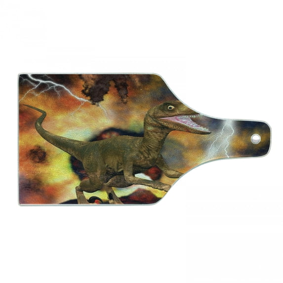 Dinosaur Cutting Board, Dramatic Catastrophe Destruction Background with Allosaurus Fragilis Illustration, Tempered Glass Cutting and Serving Board, Wine Bottle Shape, Multicolor, by Ambesonne