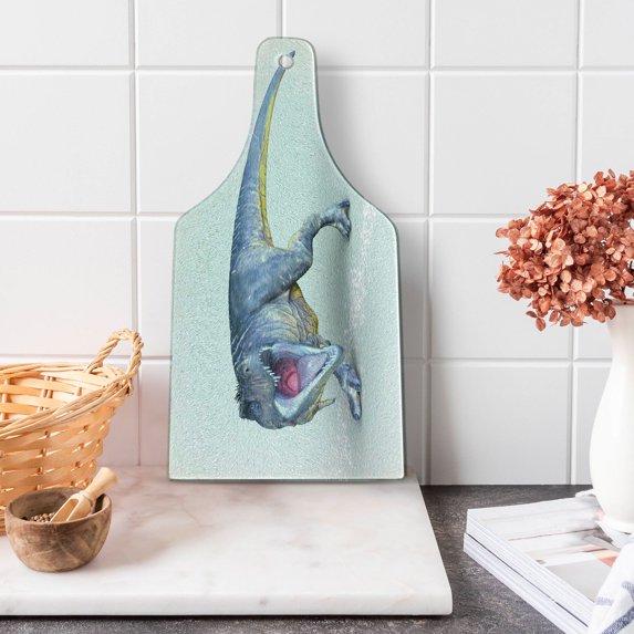 Dinosaur Cutting Board, Monstrous Aggressive Creature Detailed Vivid Hand Drawn Art, Decorative Tempered Glass Cutting and Serving Board, Wine Bottle Shape, Blue Yellow Pink, by Ambesonne