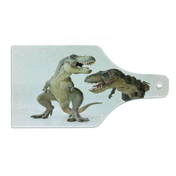 Dinosaur Cutting Board, Tyrannosaurus Rex Pair Facing Off Ferocious Creatures Prehistoric Predators, Tempered Glass Cutting and Serving Board, Wine Bottle Shape, Ivory Brown Grey, by Ambesonne