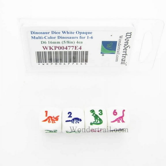 Dinosaur Dice D6 White Opaque with Multi-Color Dinasaurs 16mm (5/8in) Set of 4 Wondertrail