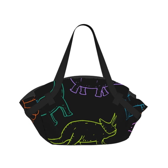 Dinosaur Dino Black 2-in-1 Foldable Picnic Blanket Tote Bag Shoulder Handbag, Large Circular Outdoor Mat for Beach Camping Park