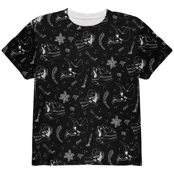 Dinosaur Dino Bones Fossil Pattern All Over Youth T Shirt Black YLG