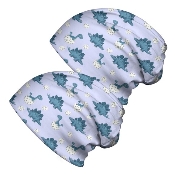 Dinosaur and Dot Light Purple Pattern 2 Pack Slouchy Beanie Hat, Outdoor Running Hat with Stretchy Fabric & Soft Texture, Warm Thermal Gifts for Unisex Men Women
