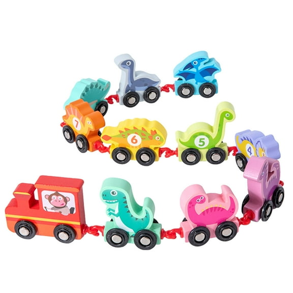 Dinosaur Drag Train Toy Wooden Early Education Puzzle Building Block Number Learning Color Recognition For Toddlers 1X3.5X2.6 Inch