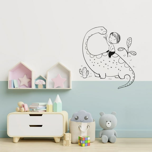 Dinosaur Drawing Cute Brachiosaurus And Baby Boy Playing Silhouette Vinyl Design Wall Sticker Art Decal Boys Girls Kids Room Bedroom Nursery KinderHome Decor Stickers Decoration Size (28x30 inch)