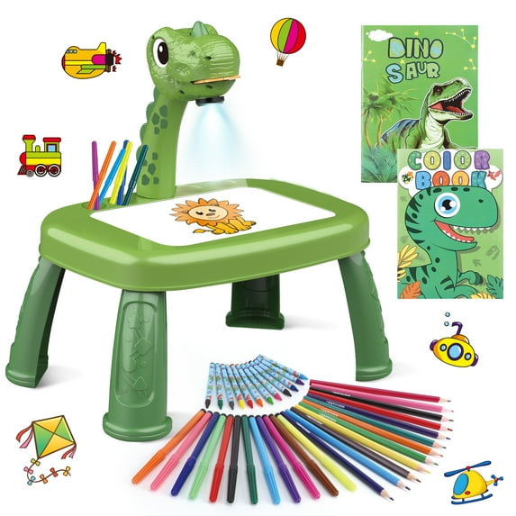 Dinosaur Drawing Projector, Arts and Crafts for Boys, Contains Drawing Board with Music, Watercolor Pens, Pencils, Crayons, Scrapbook, Sticker Book, Unicorn Stickers, Stamps