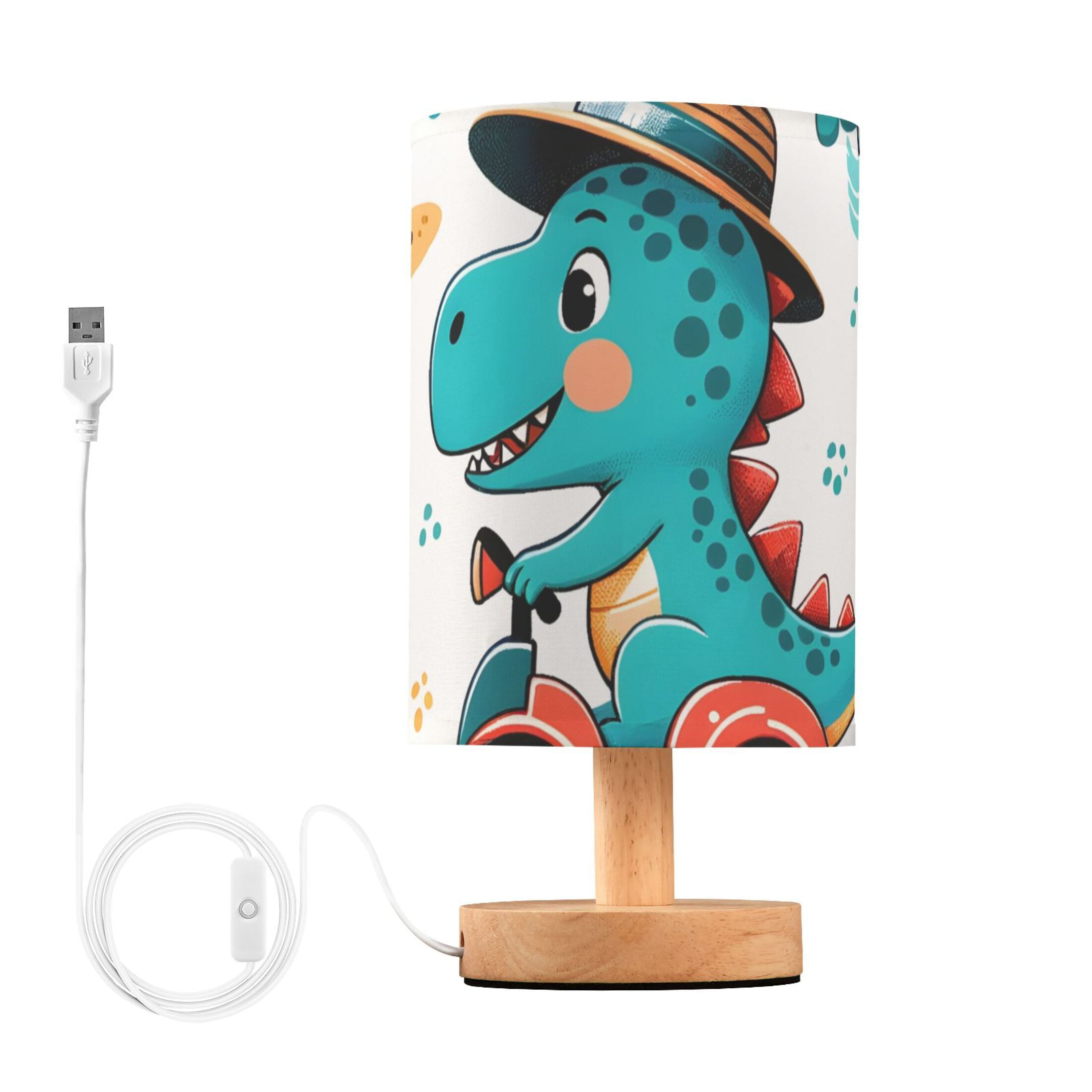 Dinosaur Driver Sun Table Lamp USB Bedside Desk Nightstand Lamp Printed Gifts Small Lamp Wood Base for Bedroom Living Room Kids Room College Dorm