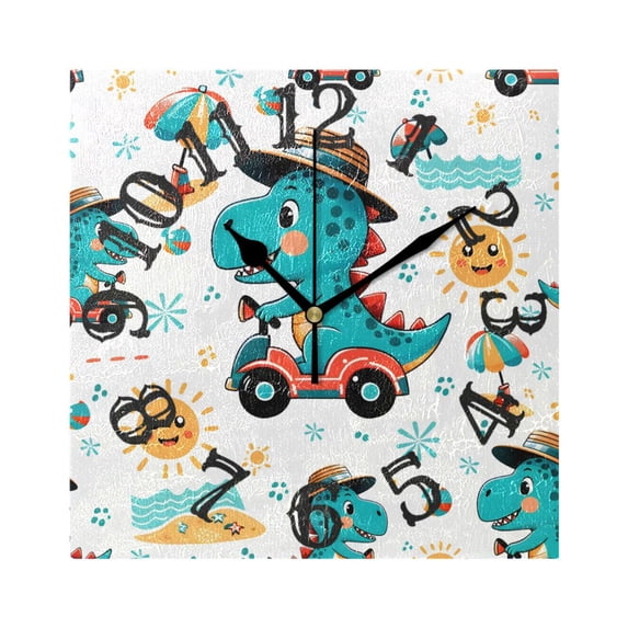 Dinosaur Driver Sun Wall Clock Square Silent Non Ticking Battery Operated Clock for Home Bathroom Kitchen Bedroom Living Room