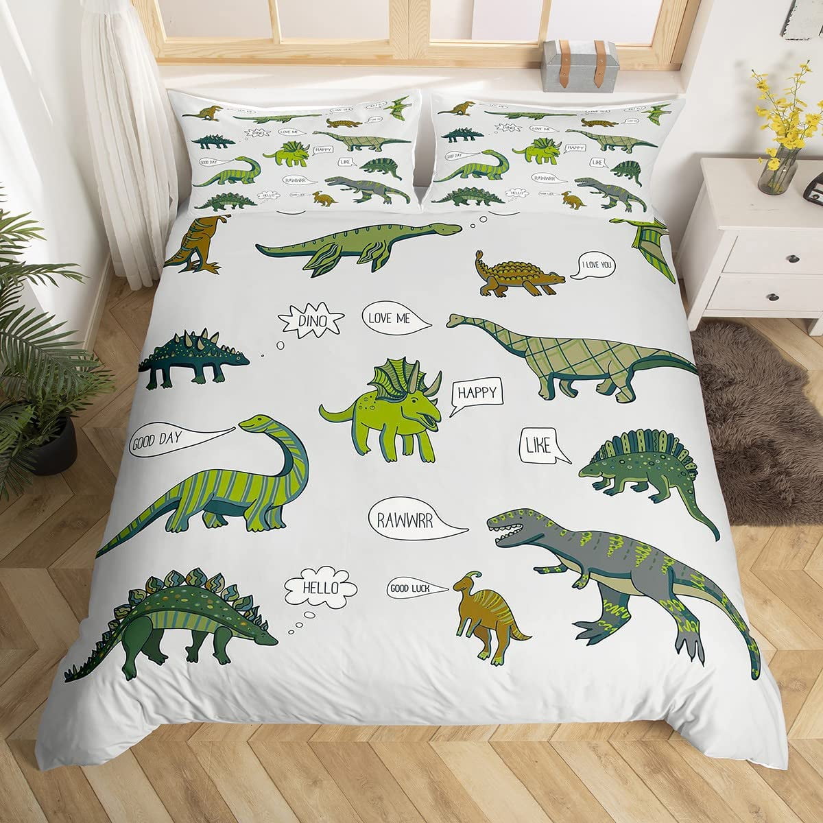 Dinosaur Duvet Cover Kids Cartoon Animals Bedding Set Green Palm Leaves