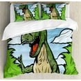 thumbnail image 1 of Dinosaur Duvet Cover Set, Cartoon T-Rex with Funny Face Giving Thumps up Clouds Trees Sky, Decorative 3 Piece Bedding Set with 2 Pillow Shams, Queen Size, Dark Green Pale Blue, by Ambesonne, 1 of 3