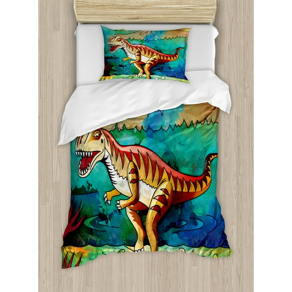 Dinosaur Duvet Cover Set, Colorful Illustration of Velociraptor in Prehistoric Natural Wild Environment, Decorative 2 Piece Bedding Set with 1 Pillow Shams, Twin Size, Multicolor, by Ambesonne