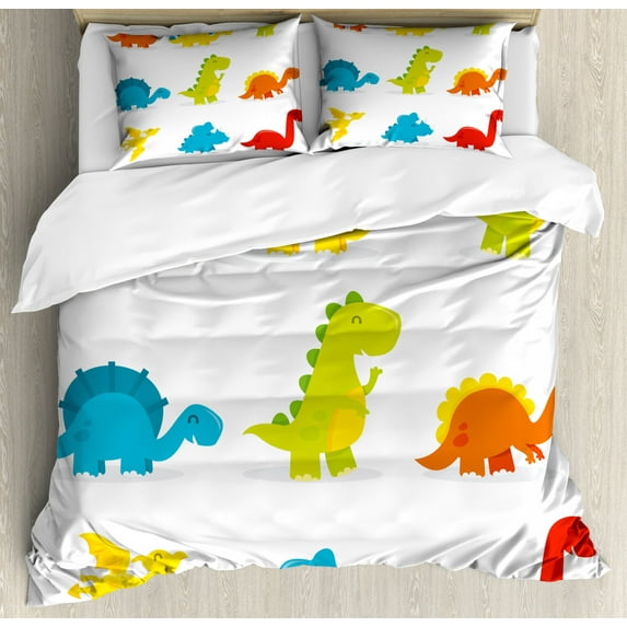Dinosaur Duvet Cover Set King Size, Arrangement Cute and Funny Dinosaurs Set Cartoon Style Colorful Kids Nursery Theme, Decorative 3 Piece Bedding Set with 2 Pillow Shams, Multicolor, by Ambesonne