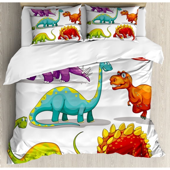 Dinosaur Duvet Cover Set King Size, Colorful Funny Different Dino Themed Friendly Wildlife Extinct Animals Ice Age, Decorative 3 Piece Bedding Set with 2 Pillow Shams, Multicolor, by Ambesonne