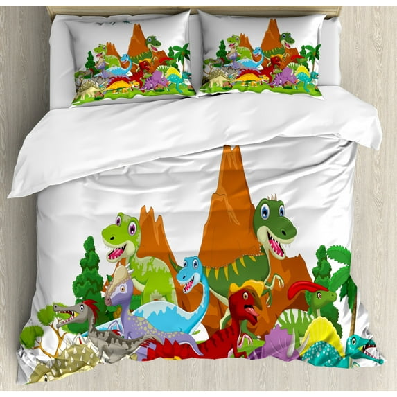 Dinosaur Duvet Cover Set King Size, Funny Friendly Dinosaurs in Cartoon Style and Landscape with Trees and Mountain, Decorative 3 Piece Bedding Set with 2 Pillow Shams, Multicolor, by Ambesonne