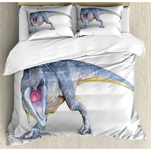 Dinosaur Duvet Cover Set, Monstrous Aggressive Creature Detailed Vivid Hand Drawn Art, Decorative 3 Piece Bedding Set with 2 Pillow Shams, Calking Size, Blue Yellow Pink, by Ambesonne