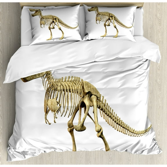 Dinosaur Duvet Cover Set, Primeval Wildlife Concept Fossil Animal Skeleton Paleontology Predator Creature, Decorative 3 Piece Bedding Set with 2 Pillow Shams, Queen Size, Ivory White, by Ambesonne