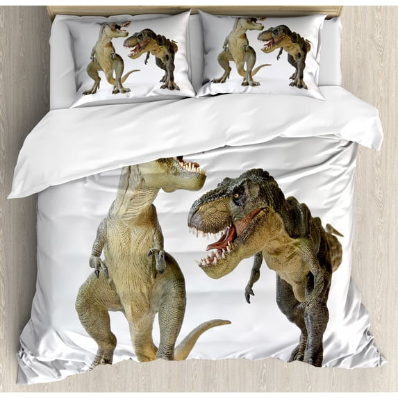 Dinosaur Duvet Cover Set Queen Size, Tyrannosaurus Rex Pair Facing Off Ferocious Creatures Prehistoric Predators, Decorative 3 Piece Bedding Set with 2 Pillow Shams, Ivory Brown Grey, by Ambesonne