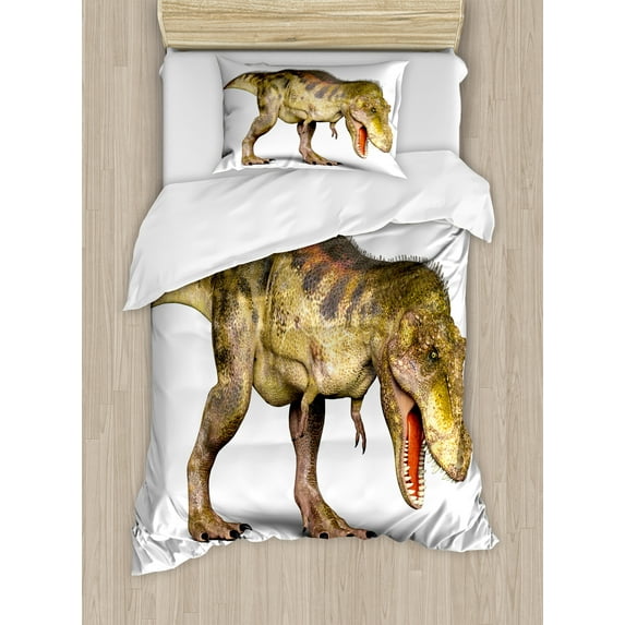 Dinosaur Duvet Cover Set, Realistic 3D Style Prehistoric Animal Extinct Species Old, Decorative 2 Piece Bedding Set with 1 Pillow Shams, Twin Size, Pale Yellow Army Green, by Ambesonne