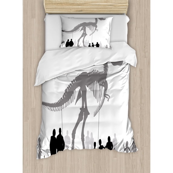 Dinosaur Duvet Cover Set, Silhouettes of People Looking at a Tyrannosaurus Rex Skeleton in a Museum, Decorative 2 Piece Bedding Set with 1 Pillow Shams, Twin Size, Dimgrey Black White, by Ambesonne