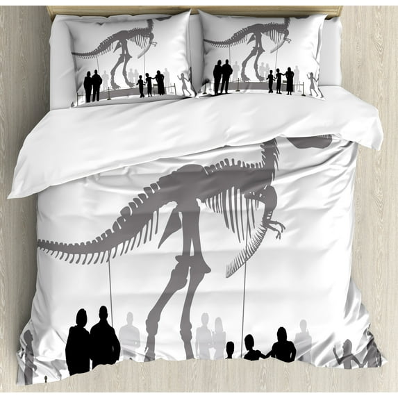 Dinosaur Duvet Cover Set, Silhouettes of People Looking at a Tyrannosaurus Rex Skeleton in a Museum, Decorative 3 Piece Bedding Set with 2 Pillow Shams, King Size, Dimgrey Black White, by Ambesonne