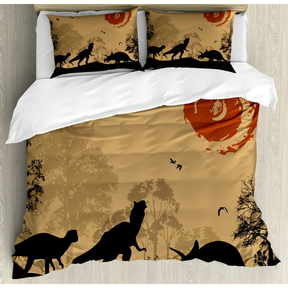 Dinosaur Duvet Cover Set, Silhouettes of Prehistoric Animals Wilderness Landscape Abstract Sun, Decorative 3 Piece Bedding Set with 2 Pillow Shams, Calking Size, Pale Brown Orange Black, by Ambesonne