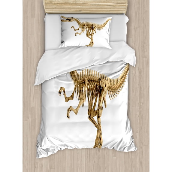 Dinosaur Duvet Cover Set Twin Size, Fossil Dino Skeleton Bones Realistic Image Dangerous Dead Extinct Reptile, Decorative 2 Piece Bedding Set with 1 Pillow Sham, Pale Brown White, by Ambesonne