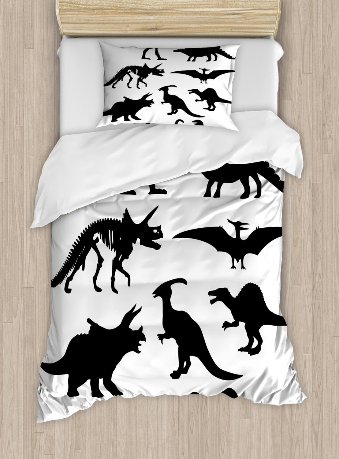 Twin Black and White Dinosaur Skeleton Duvet Cover Set