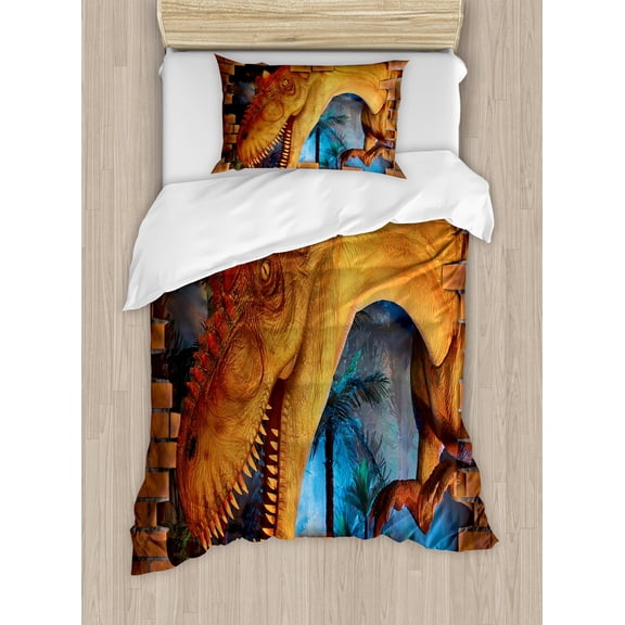 Dinosaur Duvet Cover Set, Tyrannosaurus Breaks a Brick Wall Frightening Scary Scenery Jungle Invaded House, Decorative 2 Piece Bedding Set with 1 Pillow Shams, Twin Size, Orange Blue, by Ambesonne