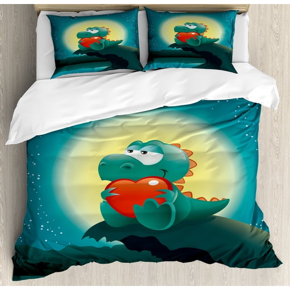 Dinosaur Duvet Cover Set, Valentine Night Scenery Animal in Love Full Moon Jurassic Times Design, Decorative 3 Piece Bedding Set with 2 Pillow Shams, Calking Size, Orange Teal, by Ambesonne