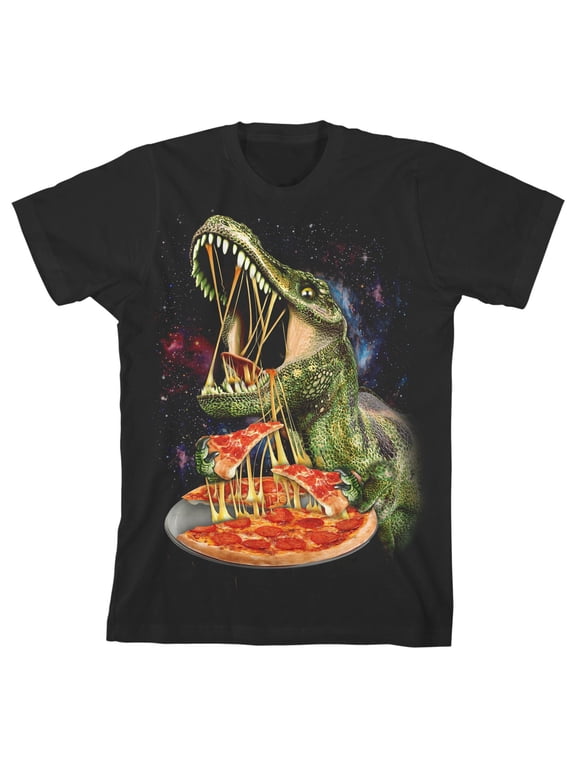 Dinosaur Eating Pizza Youth boys Black Graphic Tee-Medium